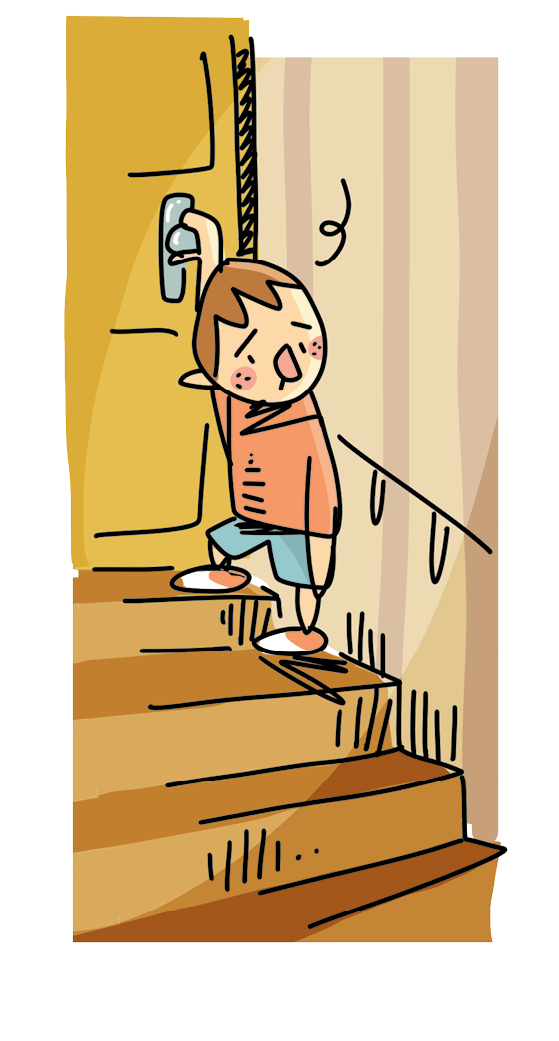 Ilustração. Bruno cabisbaixo na escada, com a mão na maçaneta da porta.