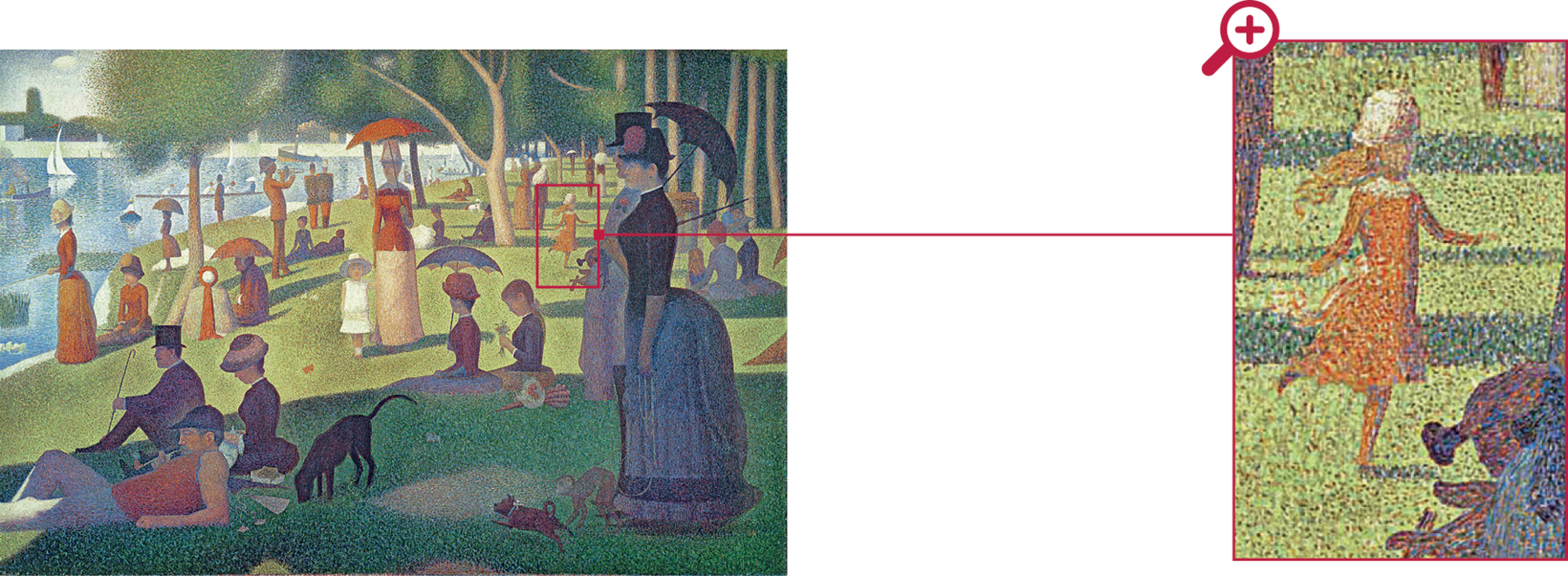 Pintura. Pessoas no gramado a beira de um lago em dia ensolarado. Algumas mulheres usam sombrinhas e chapéus. Animais pequenos circulam entre as pessoas sentadas. Algumas estão em pé. Parte do gramado está encoberto pela sombra. No lago algumas pequenas embarcações a vela. As mulheres vestem longas saias e os homens estão vestidos socialmente. Ao fundo uma criança corre. Pintura. Destaque para a criança correndo. Estão ressaltados os pontos que juntos formam a pintura. Ela usa chapéu claro e tem um longo cabelo amarelo com alguns pontos mais escuros. Usa vestido comprido em tons de laranja. A grama tem variações no tom de verde. Em cada tom, mais claro ou escuro, há pontos de tinta mais escuros.