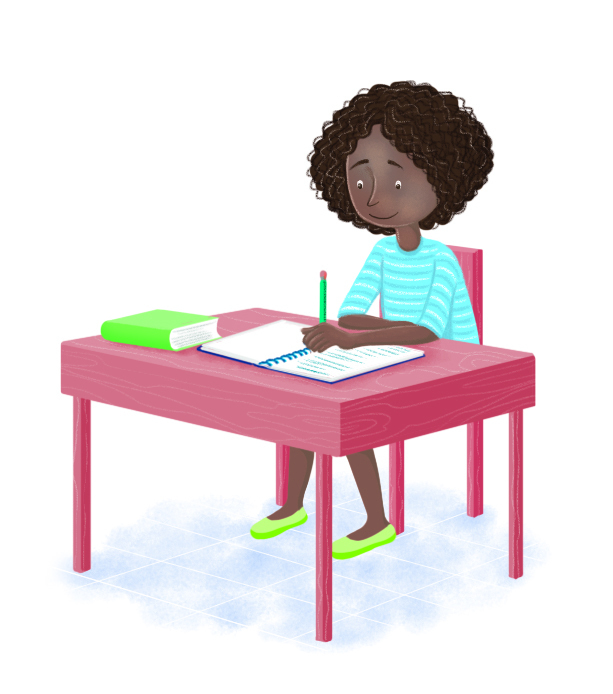 Ilustração. Uma garota sentada na cadeira atrás da mesa, com o corpo virado para direita, cabelos encaracolados, camiseta azul e sapato verde. Ela olha para baixo, com a mão esquerda ela segura um lápis e escreve em um caderno aberto.