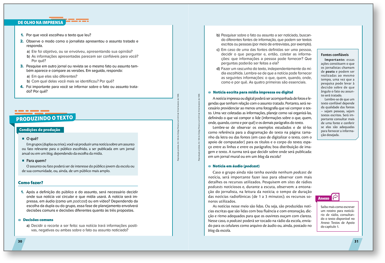 Reprodução de páginas de livro. Destaque para a subseção ‘Produzindo o texto’ e para o boxe ‘Condições de produção’.