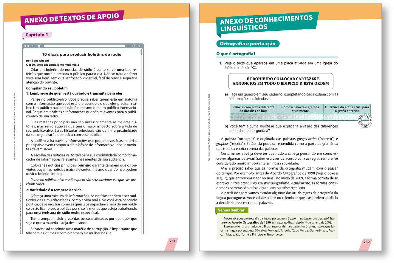 Reprodução de páginas de livro. Destaque para materiais complementares organizados em anexos.