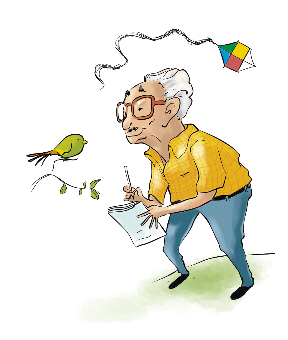 Ilustração. Representação do poeta Manoel de Barros. Homem em pé sobre grama verde, com o corpo virado para a esquerda. Ele tem cabelos brancos, usa camisa de mangas curtas de cor amarela, calça em azul, cinto e sapatos em preto. No rosto, par de óculos de grau em vermelho. Na mão esquerda, folhas de papel em azul e na mão direita, um lápis. À esquerda, sobre galho fino com folhas pequenas, um pássaro verde pequeno. No alto, uma pipa colorida, em amarelo, vermelho, verde e branco e rabiola longa.