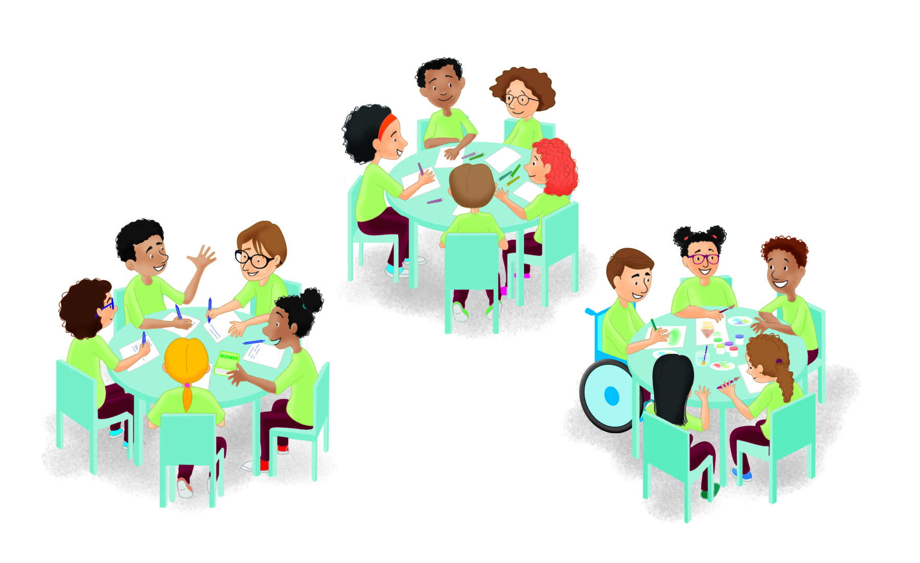Ilustração. Três mesas redondas, cada mesa tem cinco adolescentes sentados ao redor com diferentes tipos e características físicas. Sobre as mesas cadernos, canetas, lápis, tintas.