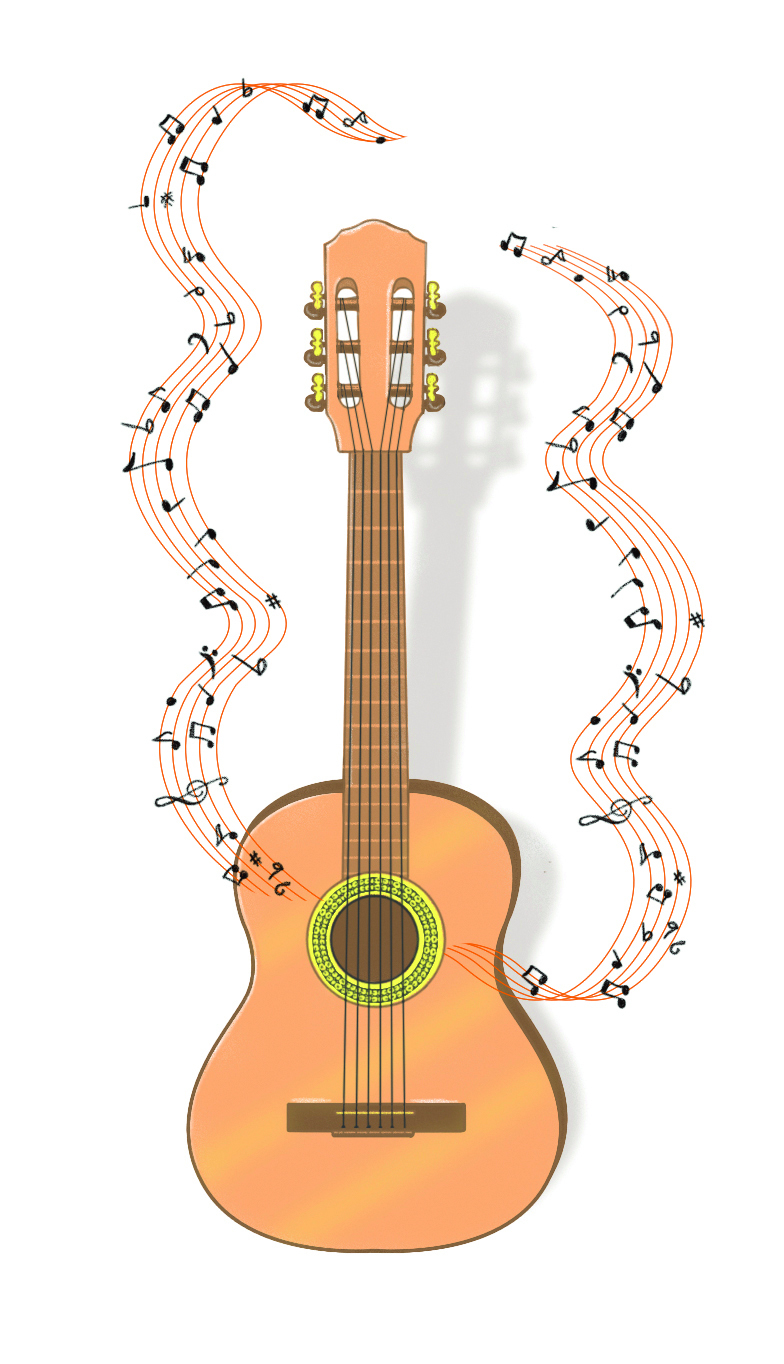 Ilustração. Um violão marrom-claro, na vertical e saindo dele, notas musicais em preto, com linhas finas em laranja.
