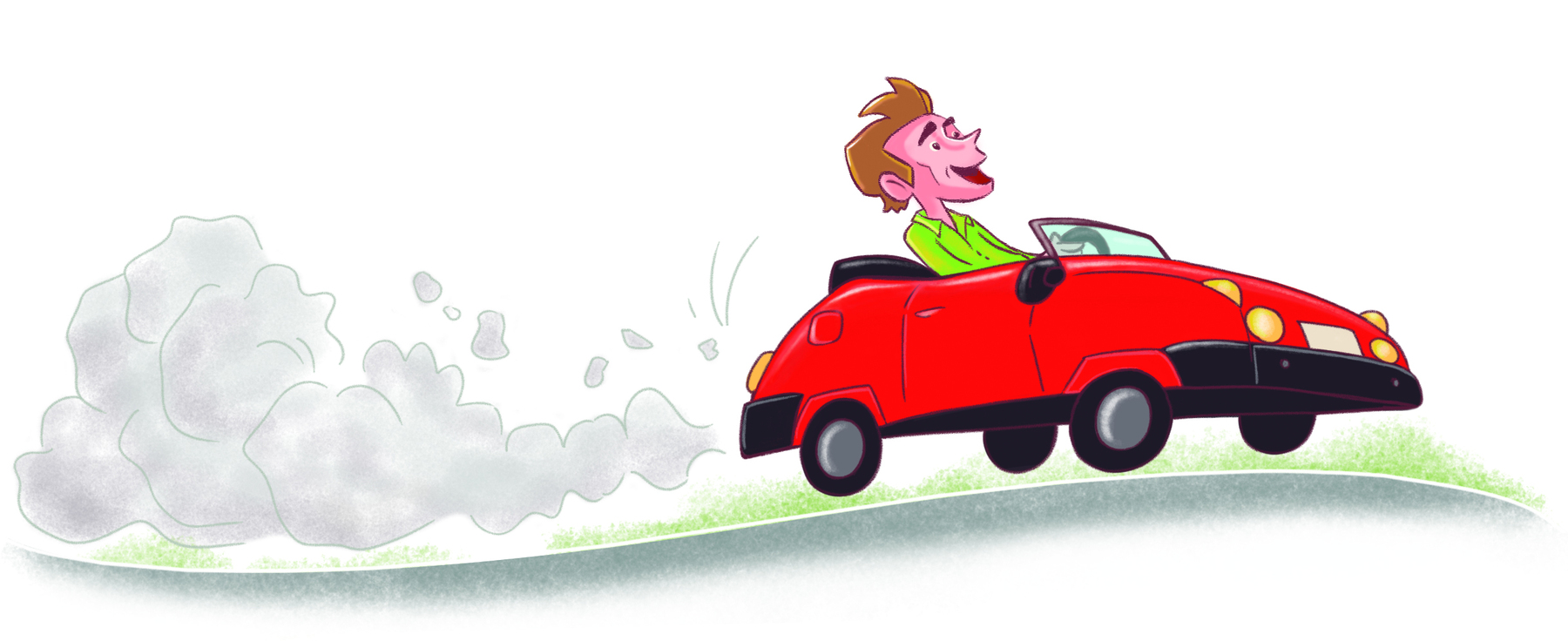 Ilustração. Homem dentro de um carro vermelho conversível para a direita; Ele tem cabelos e sobrancelhas castanhos, e vestem camisa de mangas compridas verde. Na parte traseira do carro, grande quantidade de fumaça saindo da altura do escapamento.