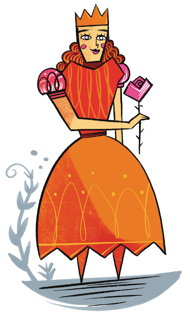 Ilustração. Mulher em pé de cabelos encaracolados em castanho, com uma coroa e vestido longo em laranja e mangas bufantes em rosa. Ela olha para frente e segura na mão direita, uma flor de pétalas em rosa.