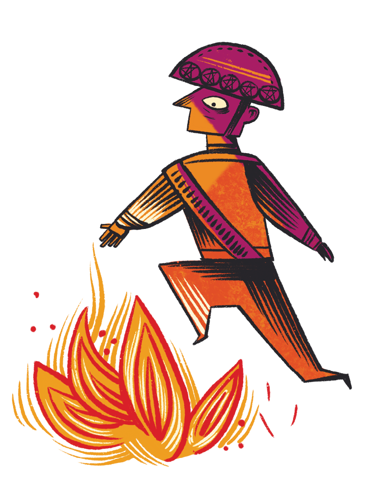 Ilustração. Homem em pé, com o corpo para a esquerda. Ele usa um chapéu redondo, blusa de mangas compridas e calça marrom. Ele está com pulando uma fogueira laranja.