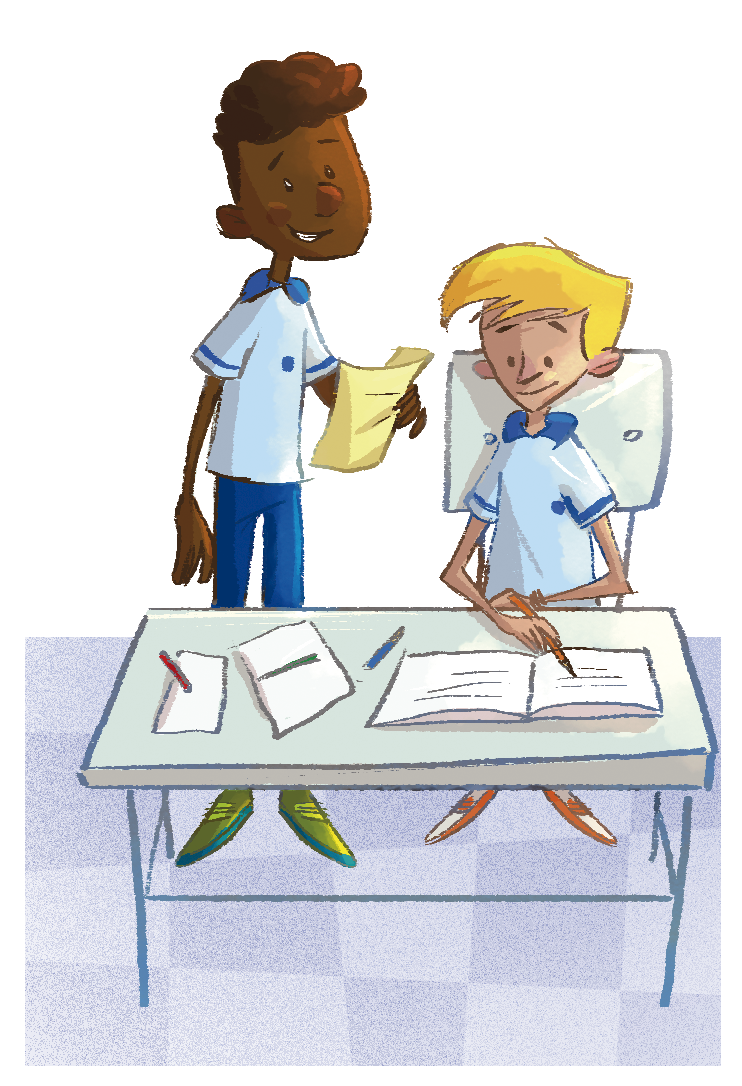 Ilustração. Dois meninos vistos de cima para baixo, atrás de mesa azul. Sobre ela, folhas de papel, caderno aberto e lápis. À esquerda, menino de cabelos encaracolados castanhos, segurando na mão esquerda, uma folha de papel amarela. Ele está em pé, ao lado de um menino sentado em uma cadeira, ele segura um lápis na mão direita sobre caderno aberto. Os dois usam uniforme com camiseta azul-claro, de gola e calça azul-escura, o menino em pé veste sapato verde e o menino sentado, sapato laranja.