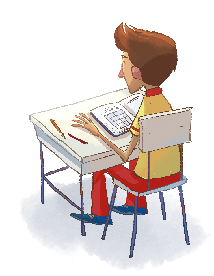 Ilustração. Menino sentado em frente a uma mesa escolar, visto de cima e de costas virado levemente à esquerda. Ele tem cabelos castanhos  e lisos, veste camiseta amarela, calça vermelho e sapato azul. Sobre a mesa estão dois lápis à esquerda e livro aberto.