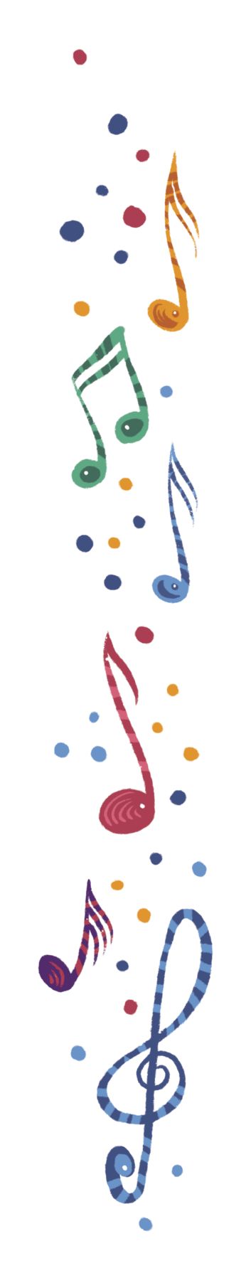 Ilustração. Notas musicais na vertical em tons de laranja, verde, azul e roxo de formatos diferentes, círculos coloridos espalhados.