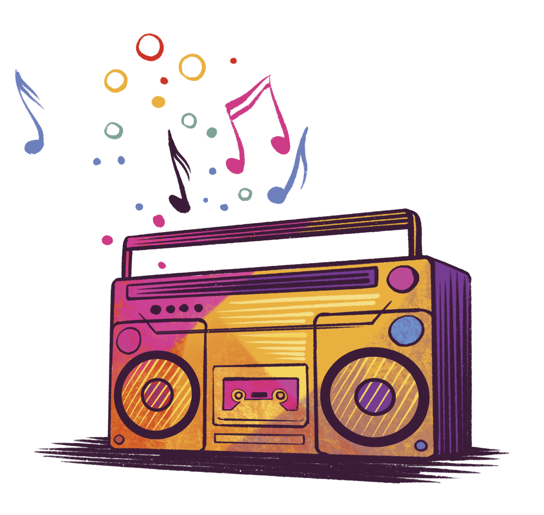 Ilustração. Aparelho de rádio com tocador de fita cassete na horizontal em tons de laranja, com dois botões um em azul-claro e rosa. Na ponta à esquerda acima do rádio, notas musicais e círculos pequenos coloridos.