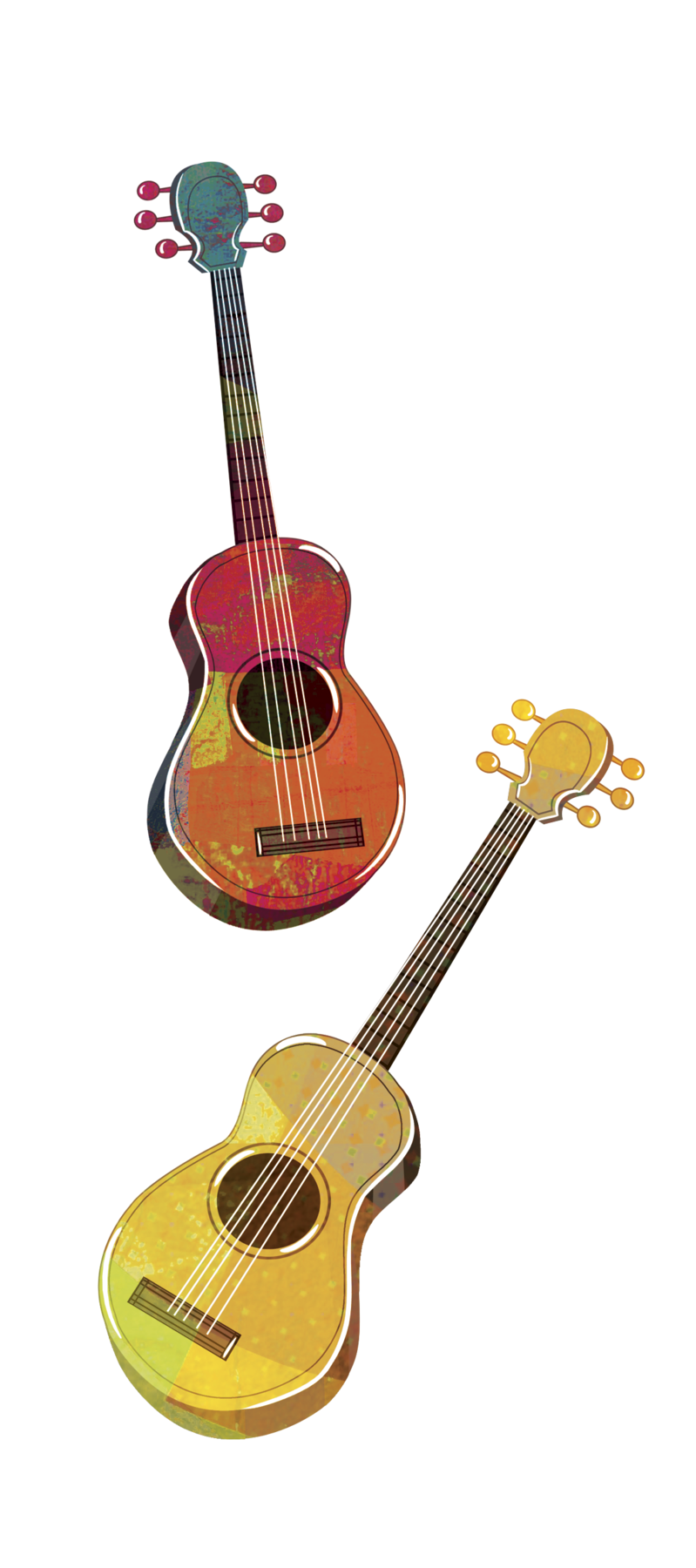 Ilustração. Dois violões de cores diferentes. Acima. na vertical, violão em tons de vermelho e laranja e abaixo, violão amarelo-claro inclinado com o braço para direita.