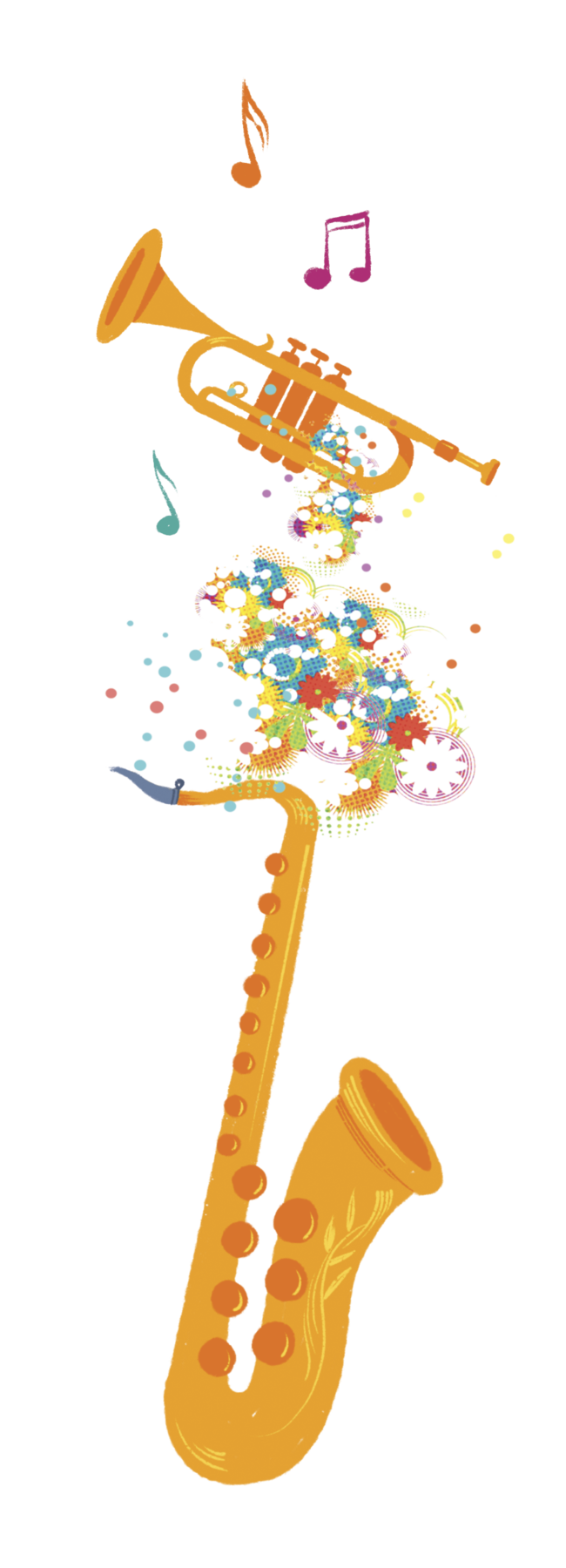 Ilustração. Saxofone e trompete amarelo e laranja. Entre eles, ornamentos florais em diversas cores, como azul, verde e vermelho, acima e um pouco à esquerda notas musicais em laranja, rosa e verde.