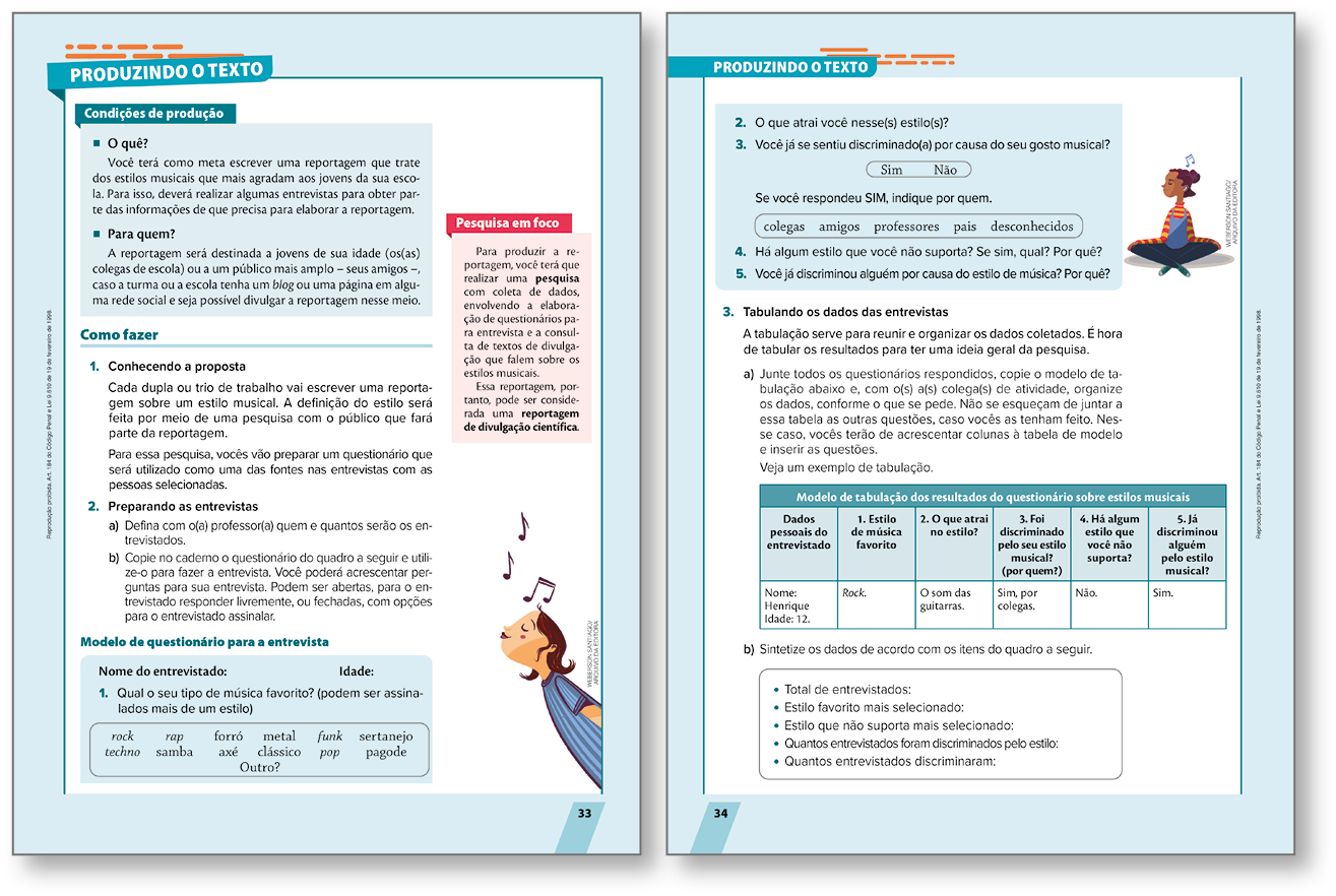 Reprodução de páginas do livro. Destaque para  apresentação da subseção Produzindo o texto e o boxe Condições de produção.