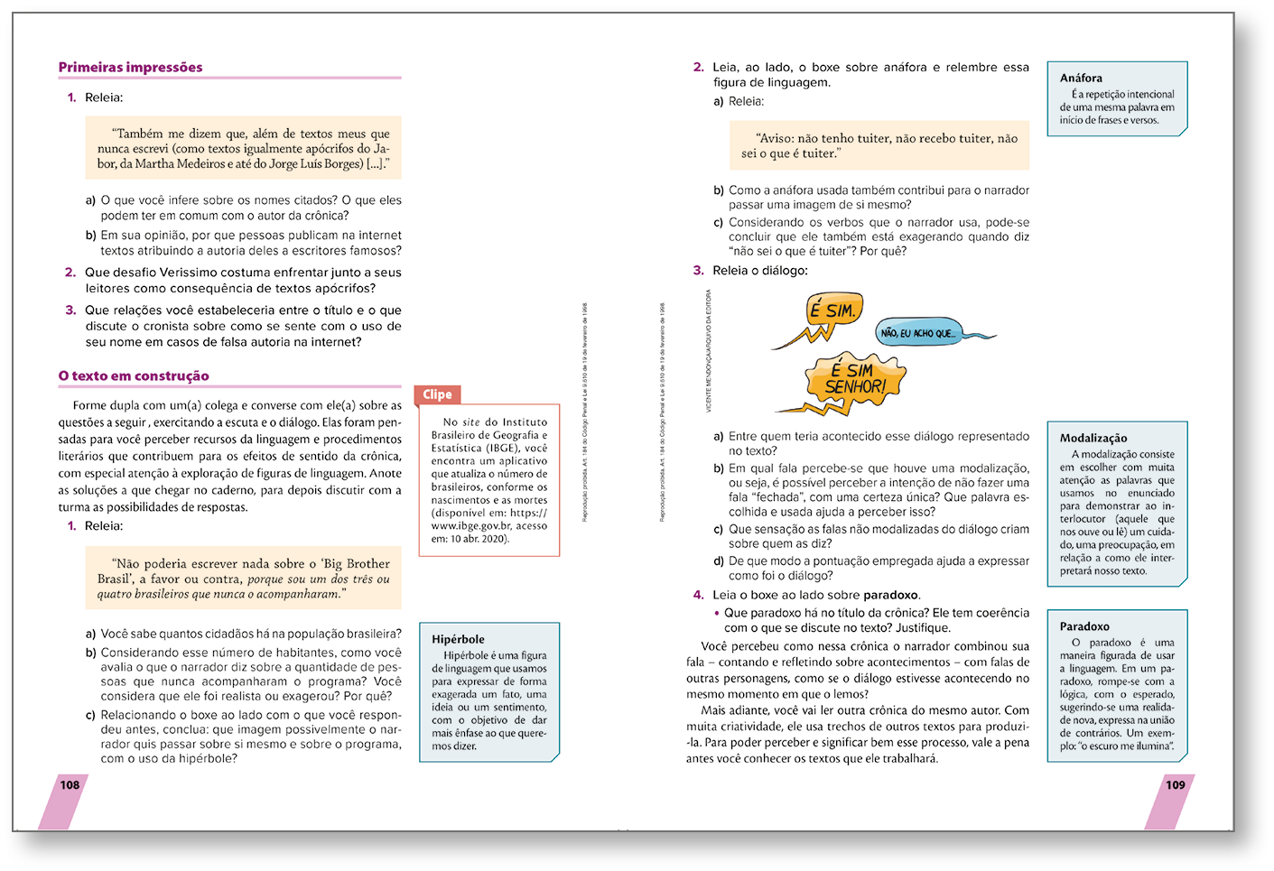 Reprodução de páginas do livro. Destaque para  apresentação de propostas de leitura e produção. Apresentação das subseções Primeiras impressões e O texto em construção.