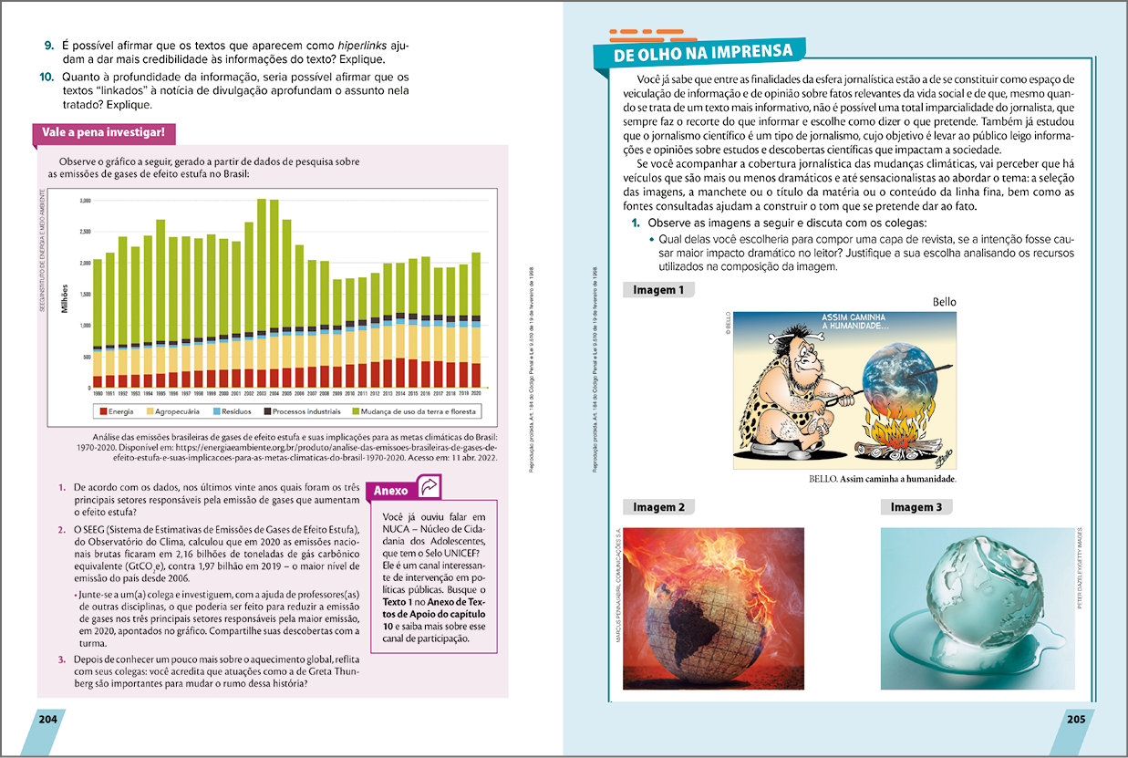 Reprodução de páginas do livro. Destaque para  apresentação da seção De olho na imprensa.