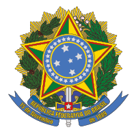 Ilustração. Brasão da República Federativa do Brasil. Símbolo com círculo azul-claro no centro, com estrelas brancas por dentro, cinco pontas triangulares ao redor do círculo em verde e amarelo e ao redor, folhas em verde contornando a imagem central. Na parte inferior, fitas finas em azul-claro, para as extremidades.