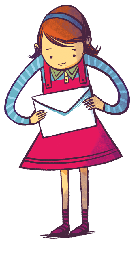 Ilustração. Menina em pé, ela tem cabelos castanhos, franja e usa uma faixa azul na cabeça,  blusa azul de mangas compridas, jardineira e sapatos rosas. Ela olha para baixo e segura um envelope grande com ambas as mãos.