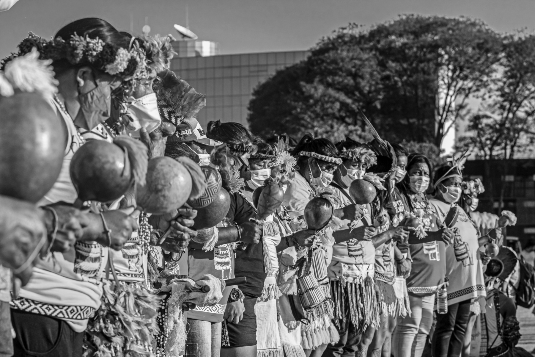 Fotografia em preto e branco. Vista lateral de diversas pessoas indígenas aglomeradas em linha reta. Essas pessoas são vistas da cintura para cima. Todas usam máscara de proteção, seguram chocalho e vestem apetrechos indígenas na cabeça e nos punhos, principalmente. Ao fundo, à direita, árvores com galhos finos e folhas.