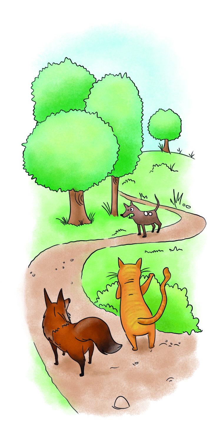 Ilustração. Vista de costas de um gato amarelo e uma raposa marrom caminhando em uma estrada de terra rodeada por vegetação verde. O gato está atrás de um arbusto pequeno e, de longe, avista um cachorro marrom vindo no sentido deles.