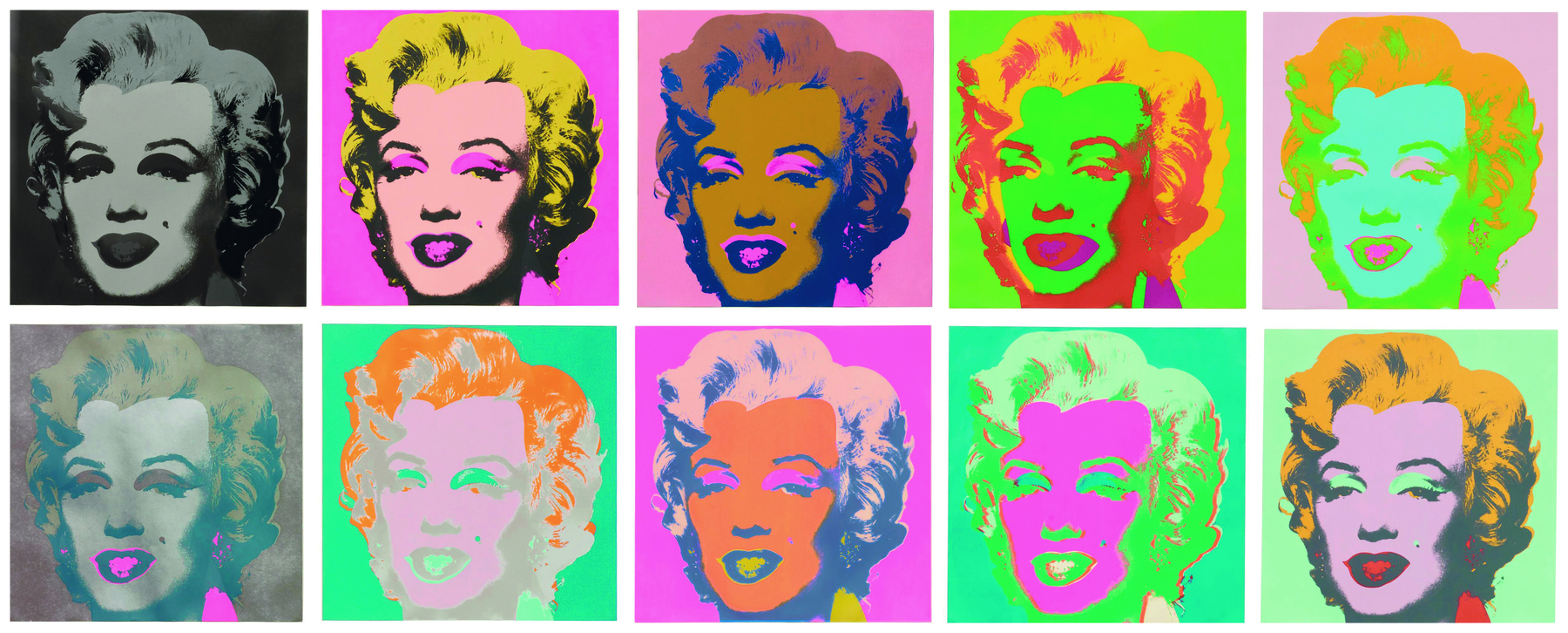 Reprodução. Sequência de retratos feitos em serigrafia, dispostos lado a lado na horizontal: cinco na primeira linha e cinco na segunda linha. Eles retratam o busto da mesma mulher, mas em cores diferentes a cada quadro. Ela tem cabelos encaracolados e penteados para o lado, sobrancelhas finas, nariz afilado e lábios grossos.
Da esquerda para a direita e de cima para baixo, a primeira imagem a retrata em preto e branco; a segunda com os cabelos loiros, os olhos pintados com sombra rosa e os lábios em tons de rosa; a terceira a retrata com a pele amarelada, os cabelos marrons e os olhos com sombras rosas; a quarta imagem a mostra com os cabelos em amarelo vivo, o rosto verde e os lábios rosas; a quinta imagem a retrata com cabelos amarelos-escuros, rosto azul e contorno do rosto em verde; a sexta imagem a apresenta em tons de sépia, cinza, cabelos loiros e lábios em rosa; a sétima imagem a mostra com pele rosa, cabelos alaranjados; a oitava imagem a retrata com pele laranja, sombra nos olhos em rosa, cabelos brancos; a nona imagem a mostra com pele rosa-escura e cabelos verde-claros; a última imagem, a mulher aparece de pele em tons de lilás, sombras verdes nos olhos, lábios vermelhos e cabeços loiros. A cor de fundo de cada imagem também se altera a cada quadro.