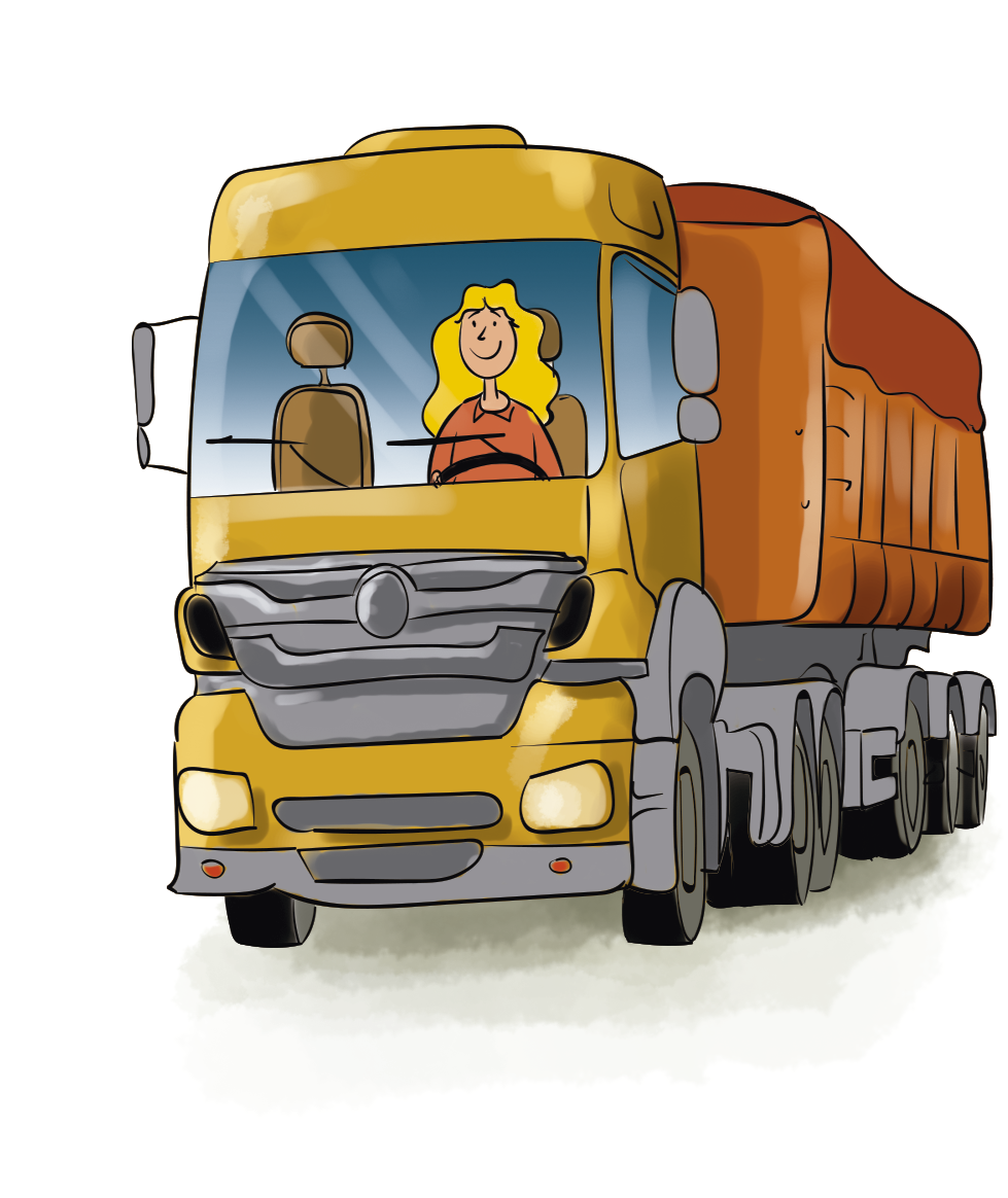 Ilustração. Uma mulher de cabelos longos loiros e blusa laranja está dirigindo um caminhão grande com a parte da cabine amarela e a parte da carga vermelha e laranja.