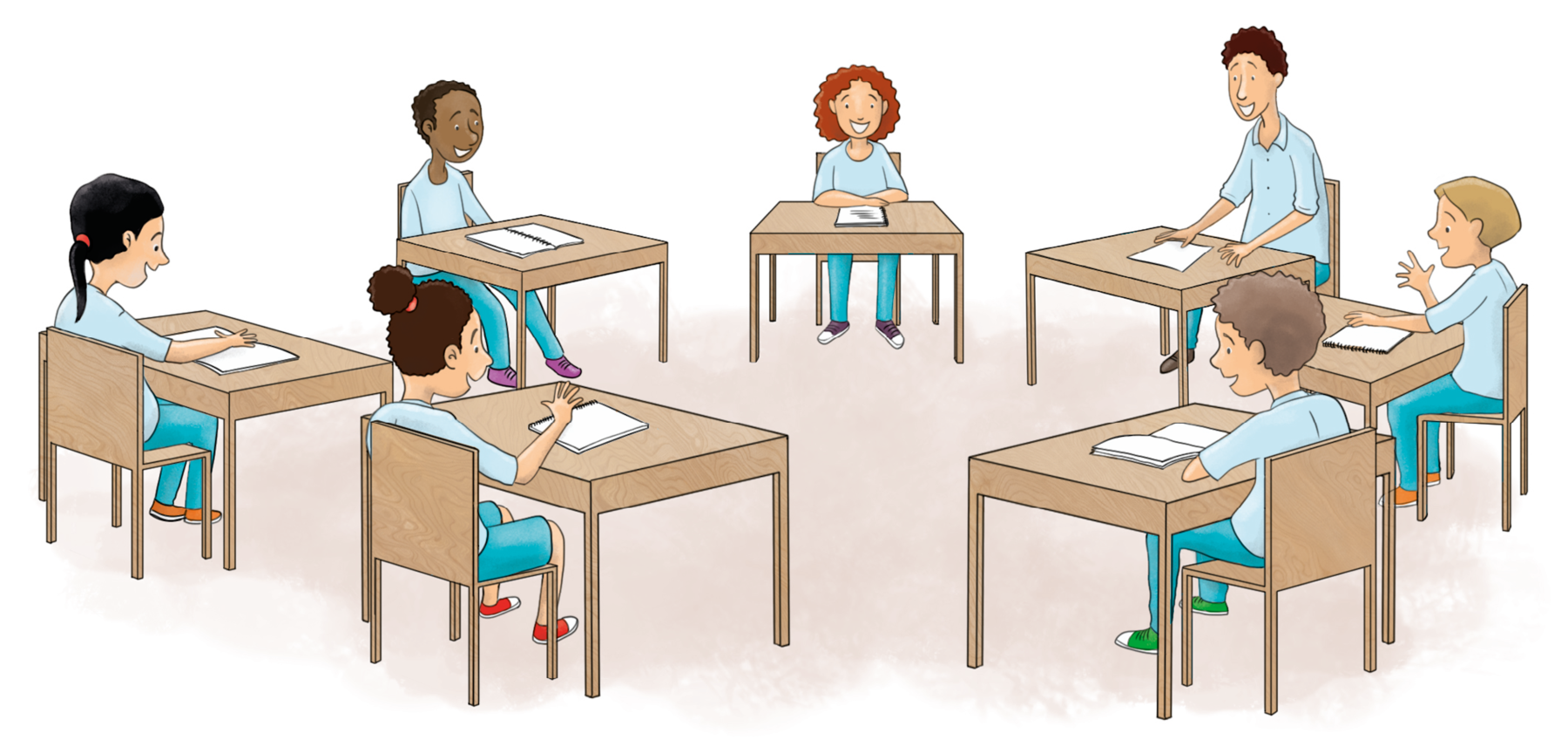 Ilustração. Um homem adulto e um grupo de crianças estão sentados em carteiras dispostas formando um círculo. Todos estão sorrindo e possuem caderno ou folhas sobre a mesa. Todos vestem uniforme em tons de azul.