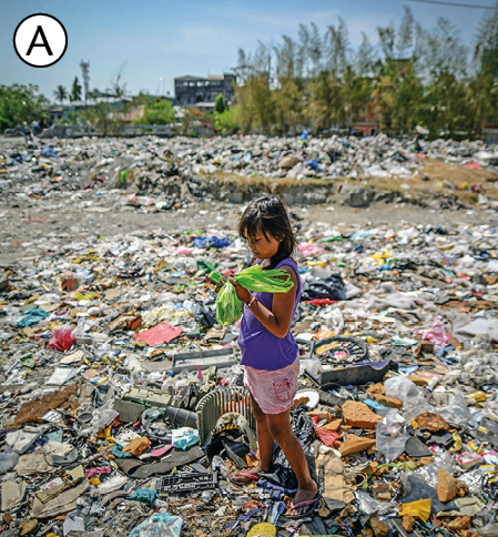 Fotografia A. Vista geral de uma criança de cabelos lisos, vestindo camiseta roxa e shorts rosa; ela está em pé caminhando sobre um lixão e segurando um objeto verde nas mãos.