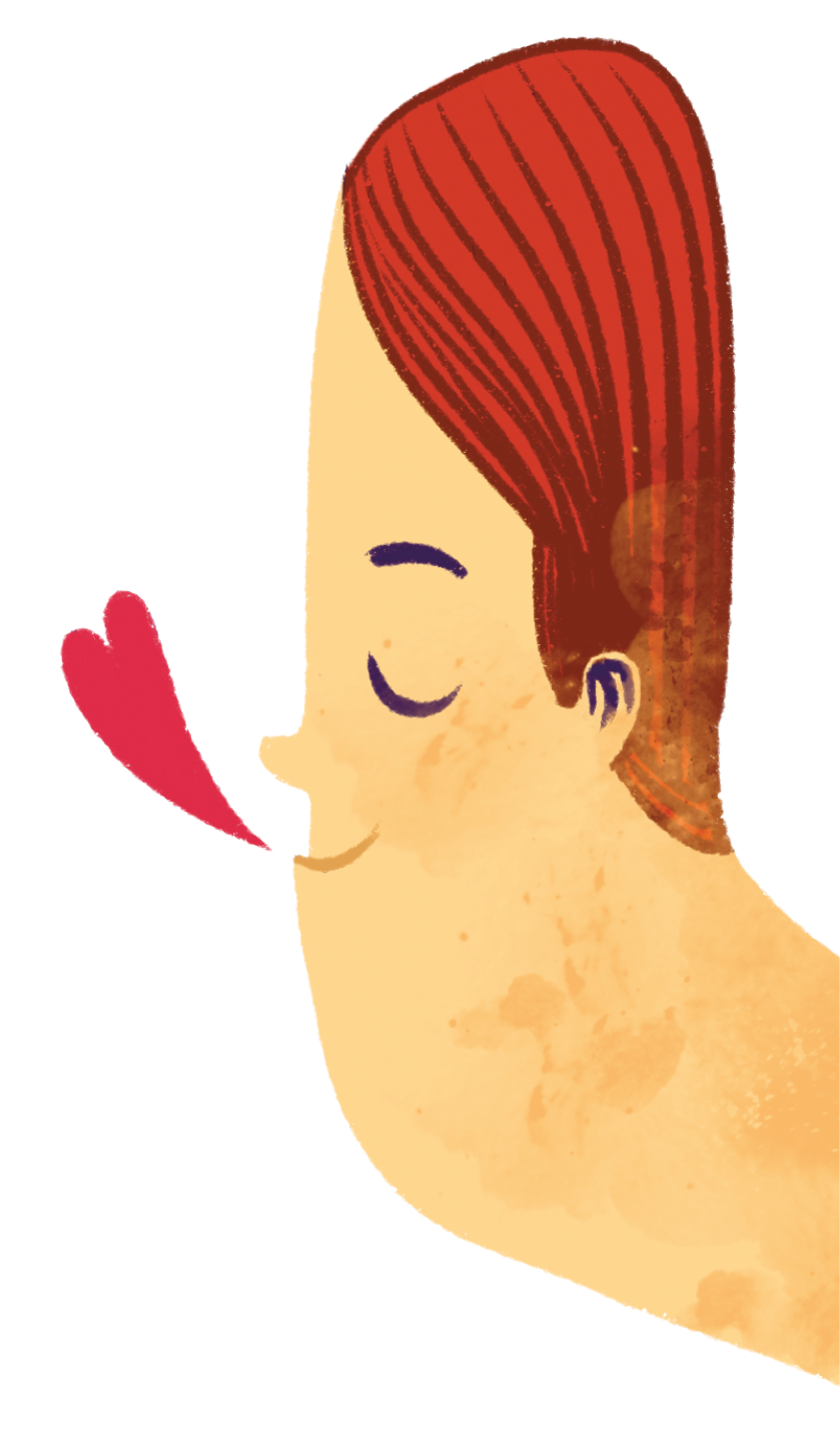Ilustração. Destaque para a vista lateral de um rosto com cabelos avermelhados e lisos penteados para o lado, olhos fechados, pescoço alongado e grosso e, à frente da boca, um coração vermelho de formato alongado na vertical.
