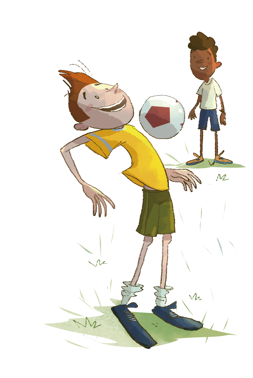 Ilustração. Em primeiro plano, um menino ruivo, de camiseta amarela, bermuda verde, sapatos azuis e meias branca. Ele está sorrindo com o braço direito aberto para o lado e com o tronco inclinado para trás, batendo no peito uma bola de futebol branca com detalhes vermelhos. Ao fundo, menino de cabelos encaracolados castanhos, vestindo camiseta branca e bermuda azul. Ele olha para o outro menino sorrindo.