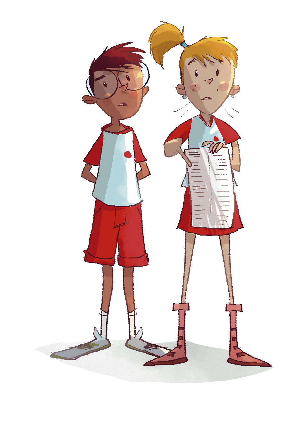 Ilustração. Vista frontal e de corpo todo de um menino e uma menina em pé lado a lado. Eles vestem uniforme escolar com camiseta branca e mangas vermelhas e shorts vermelho. O menino tem cabelos castanhos-escuros penteado para o lado e espetado; usa meias e sapatos claros, óculos grande e arredondado de grau e está com as mãos para atrás do corpo. A menina tem cabelos loiros penteados e amarrados para cima, veste meias e sapatos em tons escuros de rosa. Ela segura uma folha de papel. Ambos olham para a frente.