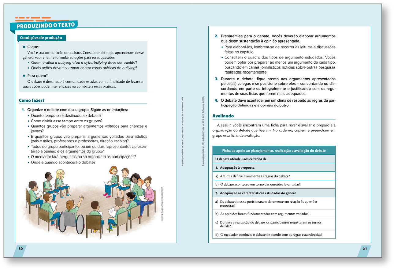 Página dupla de livro reproduzida em miniatura.  Destaque para a subseção PRODUZINDO O TEXTO e o boxe CONDIÇÕES DE PRODUÇÃO. Ao longo das páginas, há textos e ilustração.