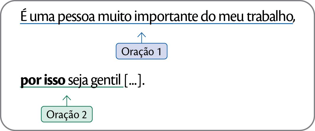 Esquema. 
Oração 1: É uma pessoa muito importante do meu trabalho.
Oração 2: por isso seja gentil.