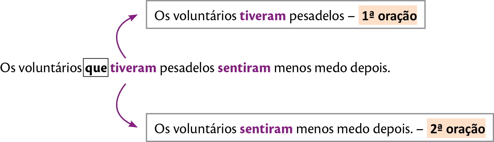 Esquema.
Frase: Os voluntários que tiveram pesadelos sentiram menos medo depois. 
1ª oração: Os voluntários tiveram pesadelos.
2ª oração: Os voluntários sentiram menos medo depois.