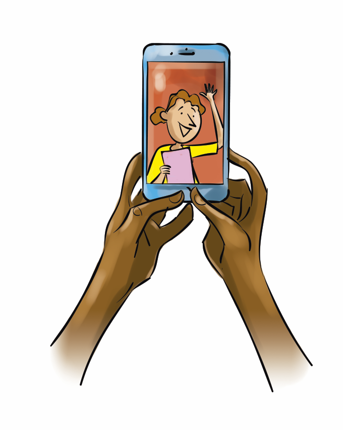 Ilustração. Mãos de uma pessoa segurando um celular azul. Na tela, destaque para a foto de uma menina vista da cintura para cima. Ela tem cabelos castanhos e veste camiseta amarela; está com a mão esquerda para cima e a mão direita segurando um caderno de capa rosa.