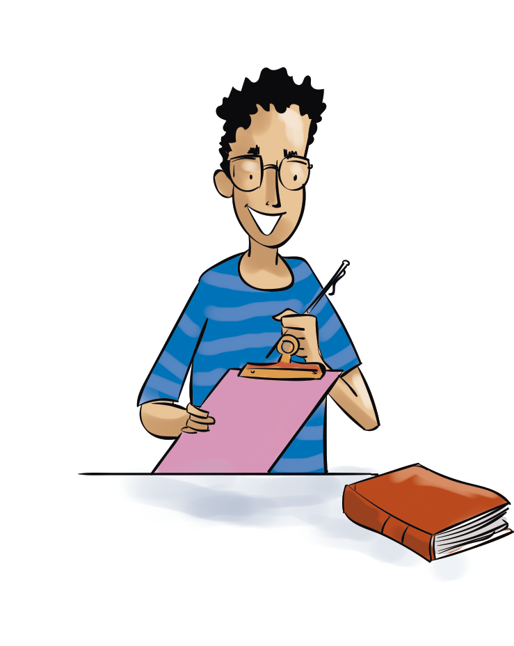 Ilustração. Um menino visto da cintura para cima está em frente a uma mesa. Ele tem cabelos encaracolados pretos e camiseta azul. Ele faz anotações em uma prancheta rosa. Sobre a mesa, um livro fechado de capa vermelha.