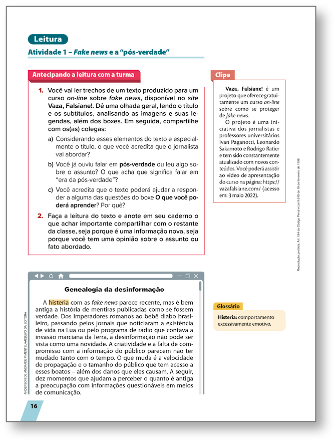 Página de livro reproduzida em miniatura. Destaque para a seção LEITURA. Ao longo da página, há textos, atividades e boxe lateral.