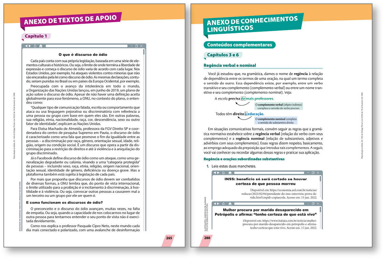 Duas páginas de livro reproduzidas em miniatura.  Destaque para os materiais complementares intitulados ANEXO DE TEXTOS DE APOIO e ANEXO DE CONHECIMENTOS LINGUÍSTICOS. Ao longo das páginas, há textos.