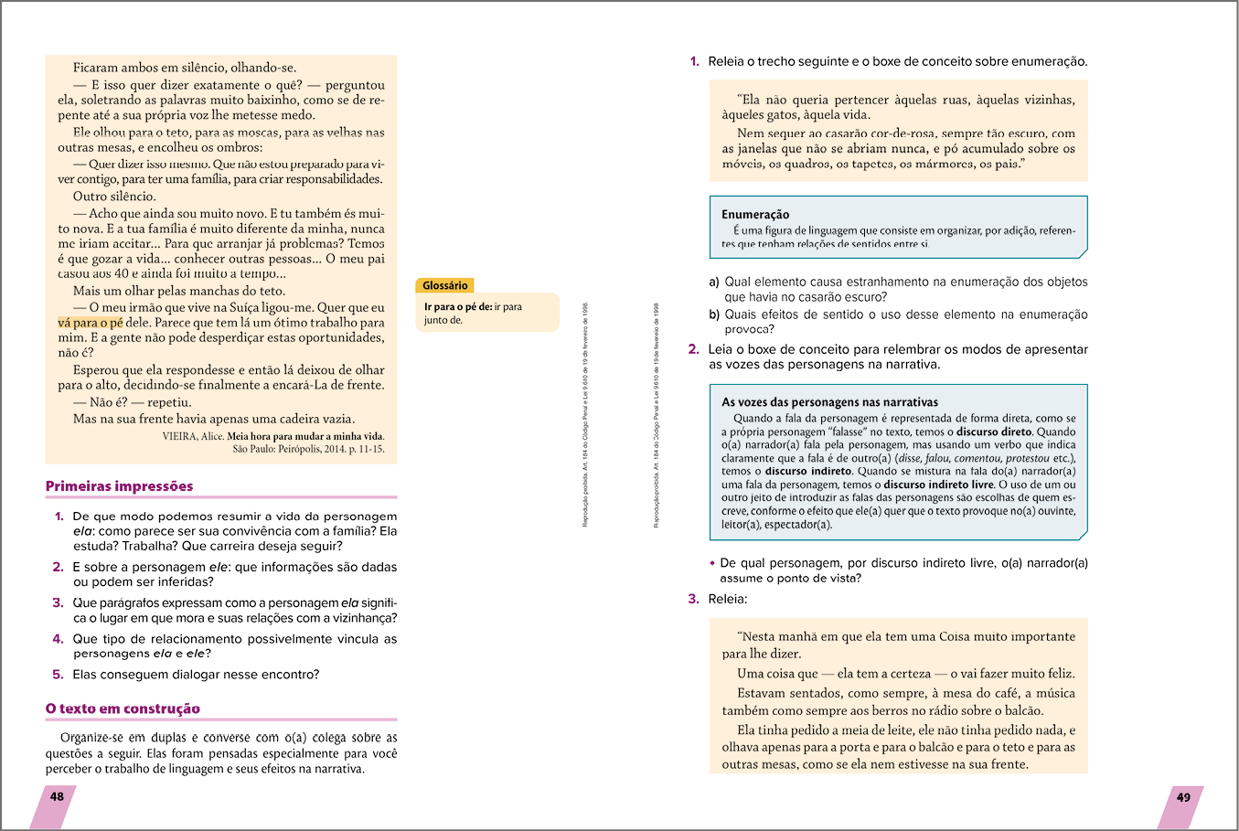 Página dupla de livro reproduzida em miniatura.  Destaque para as subseções PRIMEIRAS IMPRESSÕES e O TEXTO EM CONSTRUÇÃO. Ao longo das páginas, há textos e atividades.