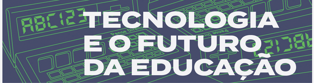 Ilustração. Título do texto: Tecnologia e o futuro da educação. Fundo com elementos gráficos que remetem à tecnologia.
