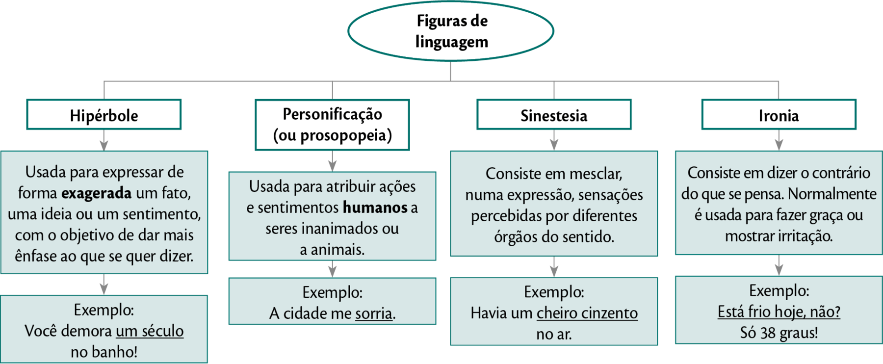 Esquema vertical. Primeiro nível: FIGURAS DE LINGUAGEM. Ramificam-se quatro setas em segundo nível: SETA 1: HIPERBOLE; SETA 2: PERSONIFICAÇÃO OU PROSOPOPÉIA; SETA 3: SINESTESIA; SETA 4: IRONIA. De Hipérbole, abrem duas setas, uma em cada nível: SETA 1: 'Usada para expressar de forma exagerada um fato, uma ideia ou um sentimento, com o objetivo de dar mais ênfase ao que se quer dizer.'; SETA 2: 'Exemplo: Você demora um século no banho!'. De Personificação (ou prosopopeia), abrem duas setas, uma em cada nível: SETA 1: 'Usada para atribuir ações e sentimentos humanos a seres inanimados ou a animais.'; SETA 2: 'Exemplo: A cidade me sorria.'; De Sinestesia, abrem duas setas, uma em cada nível: SETA 1: 'Consiste em mesclar, numa expressão, sensações percebidas por diferentes órgãos do sentido.'; SETA 2: 'Exemplo: Havia um cheiro cinzento no ar.'. De Ironia, abrem duas setas, uma em cada nível: SETA 1: 'Consiste em dizer o contrário do que se pensa. Normalmente é usada com a intenção de produzir humor e fazer críticas.'; SETA 2: 'Exemplo: Está frio hoje, não? Só 38 graus!'