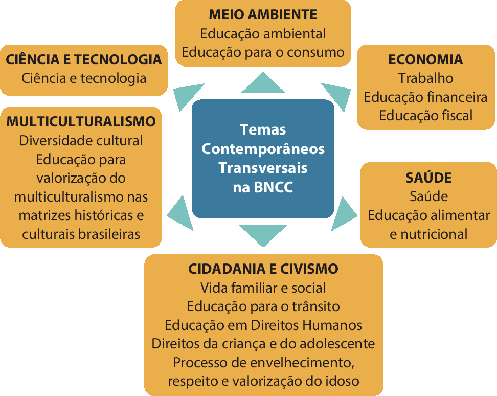 Esquema. No centro, destaque para a informação: Temas Contemporâneos Transversais na BNCC. Ao redor, em sentido horário, diversos retângulos com as informações: MEIO AMBIENTE – Educação Ambiental; Educação para o Consumo. ECONOMIA – Trabalho; Educação Financeira; Educação Fiscal. SAÚDE – Saúde; Educação Alimentar e Nutricional. CIDADANIA E CIVISMO – Vida familiar e social; Educação para o trânsito; Educação em Direitos Humanos; Direitos da criança e do adolescente; Processo de envelhecimento, respeito e valorização do idoso. MULTICULTURALISMO – Diversidade cultural; Educação para valorização do multiculturalismo nas matrizes históricas e culturas Brasileiras. CIÊNCIA E TECNOLOGIA – Ciência e tecnologia