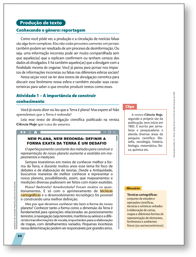 Página de livro reproduzida em miniatura. Destaque para a seção PRODUÇÃO DE TEXTO. Ao longo da página, há textos, atividade e boxes laterais.