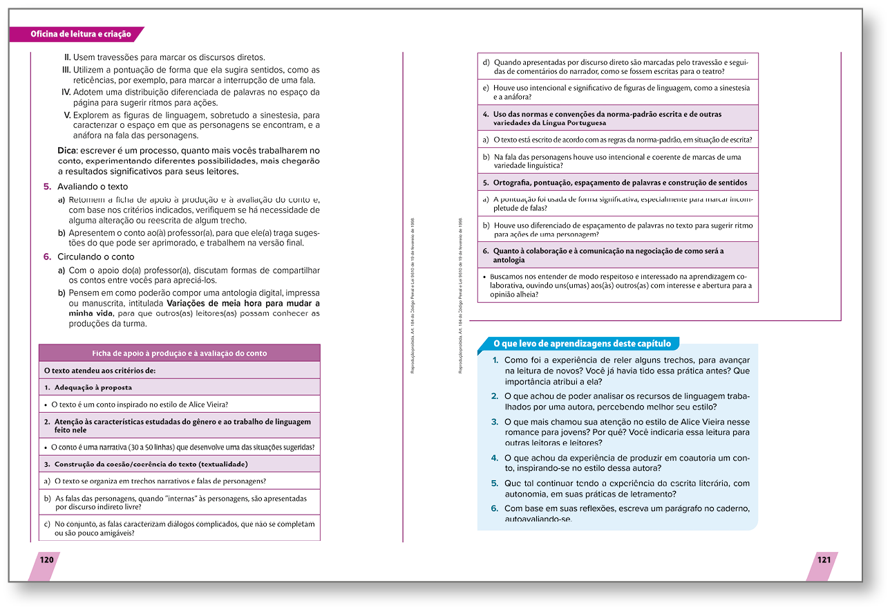 Página dupla de livro reproduzida em miniatura.  Destaque para o quadro FICHA DE APOIO À PRODUÇÃO E À AVALIAÇÃO e o boxe O QUE LEVO DE APRENDIZAGENS DESTE CAPÍTULO. Ao longo das páginas, há textos.