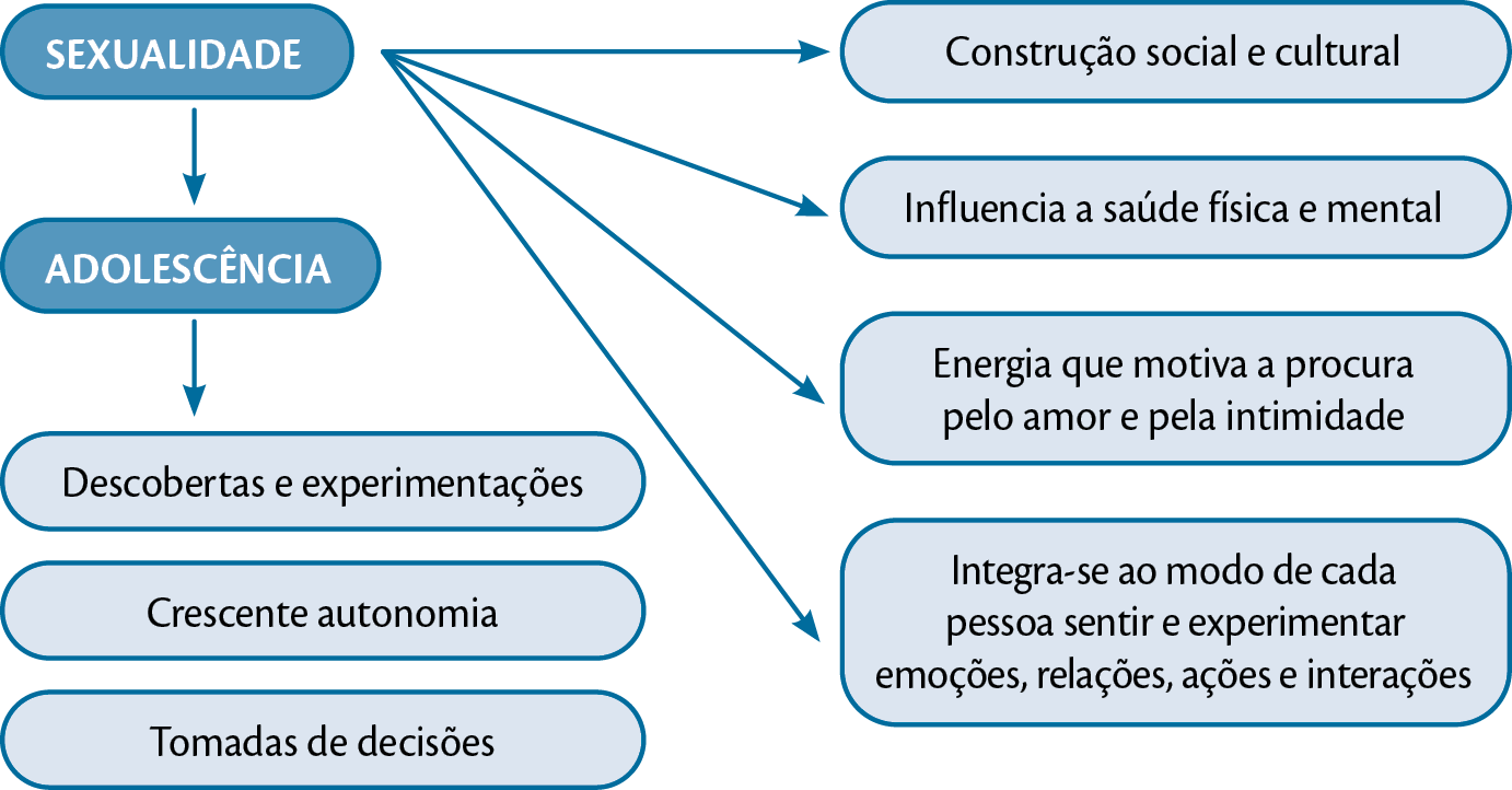 Esquema. Organizado na horizontal, no primeiro nível do esquema, há destaque para o tópico SEXUALIDADE. Desse tópico, saem quadro setas em linhas diferentes, indicando os seguintes textos: Linha 1: Construção social e cultural. Linha 2: Influencia a saúde física e mental. Linha 3: Energia que motiva a procura pelo amor e pela intimidade. Linha 4: Integra-se ao modo de cada pessoa sentir e experimentar emoções, relações, ações e interações. Do tópico SEXUALIDADE, sai uma seta na vertical com um tópico de mesmo peso, indicando: ADOLESCÊNCIA. Desse tópico, sai outra seta na vertical, indicando as seguintes informações: Descobertas e experimentações; Crescente autonomia; Tomadas de decisões