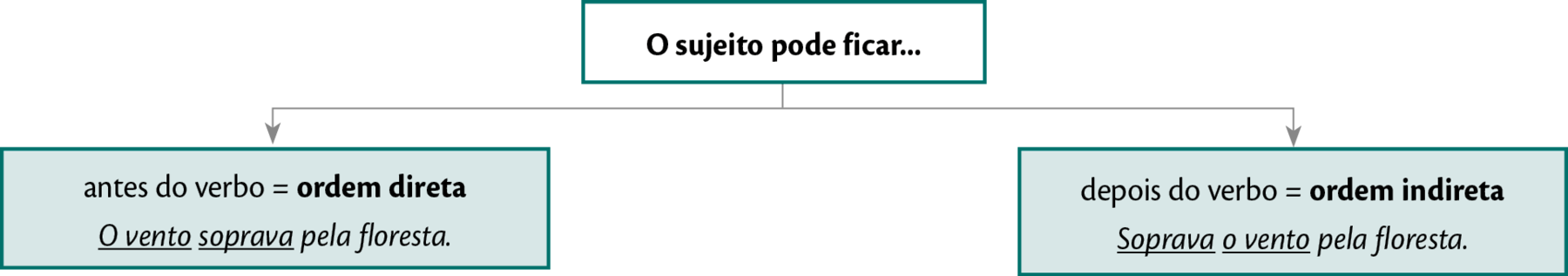 Esquema. Primeiro nível: O SUJEITO PODE FICA... Duas setas: SETA 1: Antes do verbo = ordem direta O vento soprava pela floresta. SETA 2: Depois do verbo = ordem indireta Soprava o vento pela floresta.