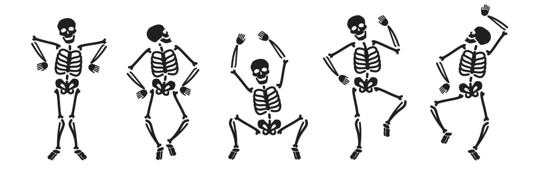 lustração. Cinco esqueletos em tom preto e dispostos lado a lado. Eles fazem movimentos com os braços e as pernas: ora os flexionam para cima ora para baixo.