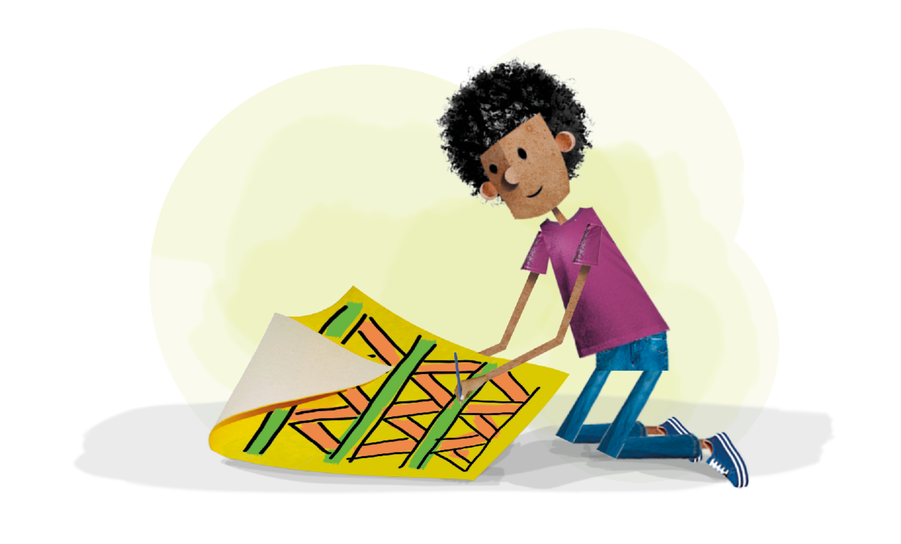 Ilustração. Um menino de cabelo encaracolado, usando camiseta roxa, calça jeans, está de joelhos no chão, pintando o desenho da cartolina: triângulos em laranja e as linhas retas de verde.