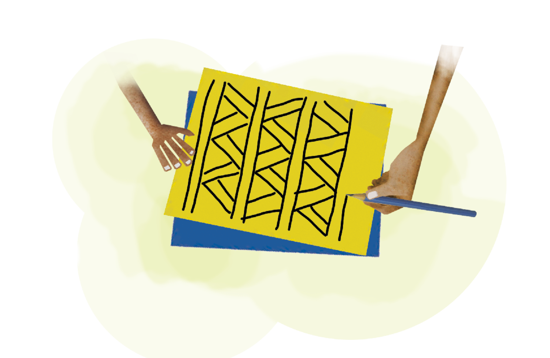 Ilustração. Destaque para uma cartolina amarela com desenhos que formam um padrão composto de linhas horizontais pretas e retas e triângulos entre os pares de linhas.