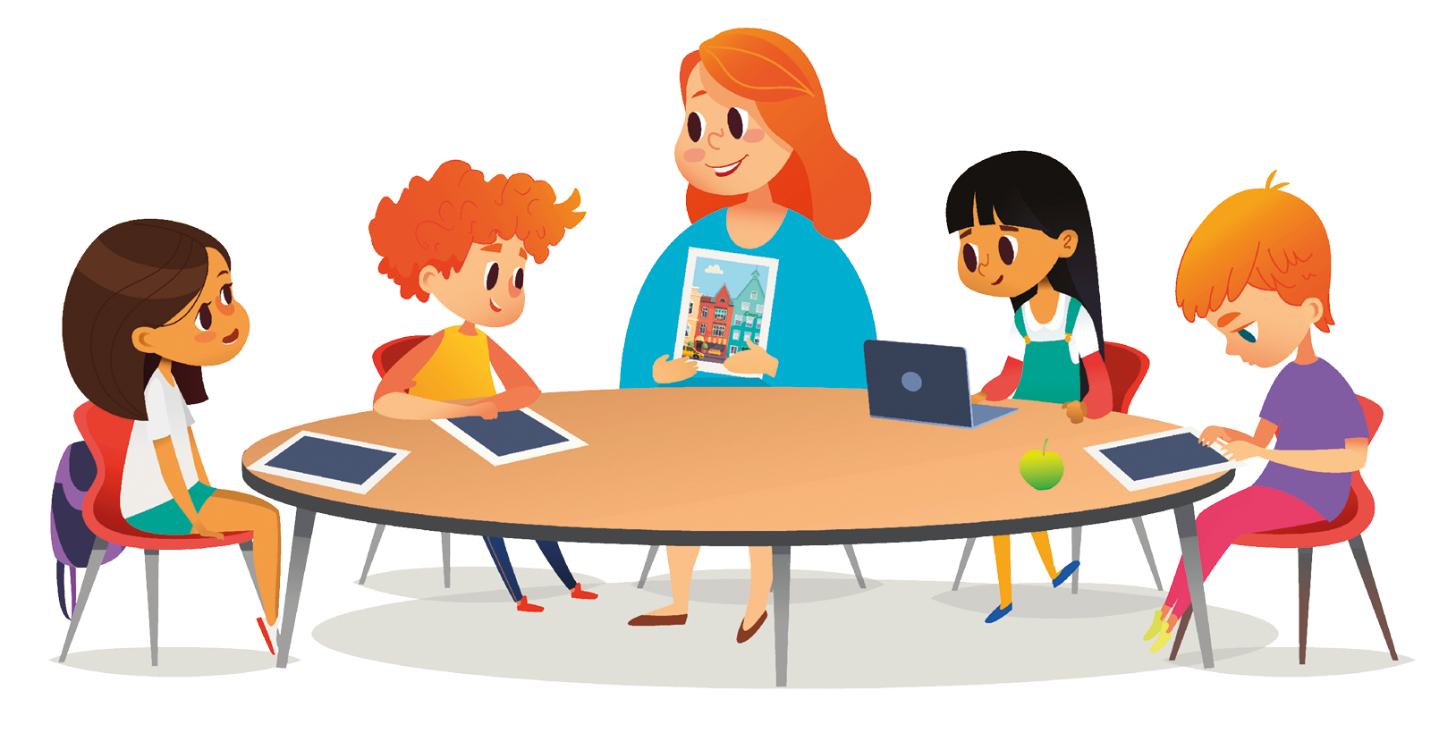 Ilustração. Uma mulher de cabelo ruivo, usando roupa azul e sentada a uma mesa redonda, segura uma fotografia e estende-a para frente; ao redor dela, há diversas crianças sentadas à mesa e com tablets e notebooks.